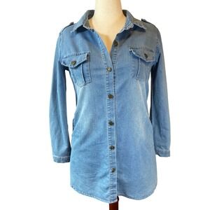 Denim Button Up Fitted Shirt Jacket with Pockets Size L